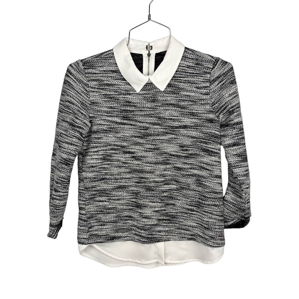 ANN TAYLOR |  Black & White Tweed‎ White Shirt Collar & Hem Sweater | Women's